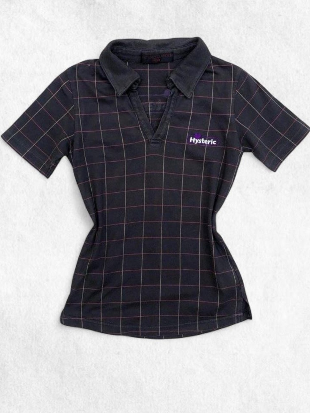 💟 VTG Hysteric Glamour grey & pink striped plaid polo shirt